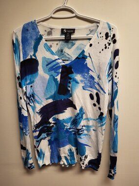 Alison Sheri Blue Abstract Print V-Neck Knit Top Women's Medium Long Sleeve